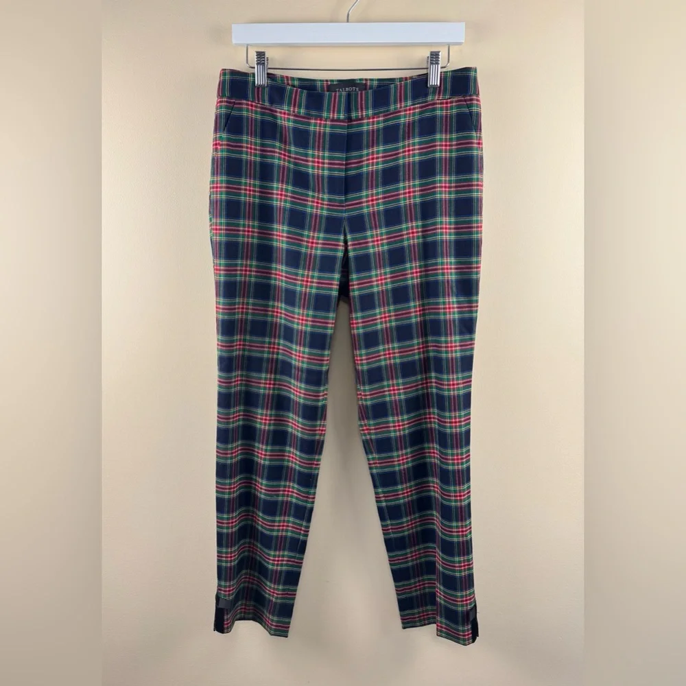Talbots Talbots Tartan Plaid Navy Blue Green & Red Holiday Ankle Pants with Bows - Picture 2 of 5